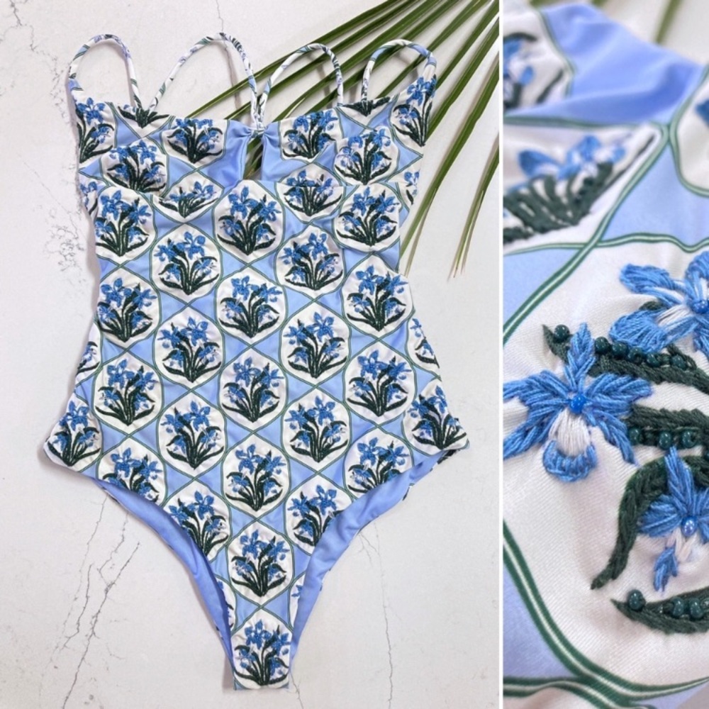 AGUA By AGUA BENDITA - Embroidered Boliviana Chan Chan Celeste Swimsuit - M
